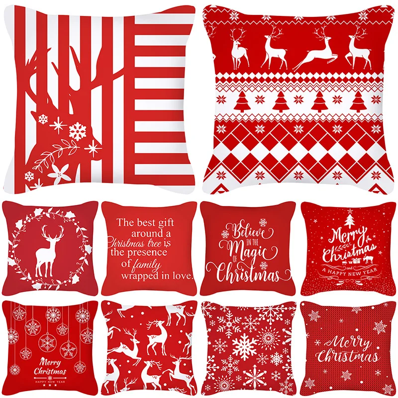

Cushion Cover Red Christmas Moose Snowflake Letters Peach Skin Plush Cushion Cover Holiday Party Decoration Fundas Para Cojines