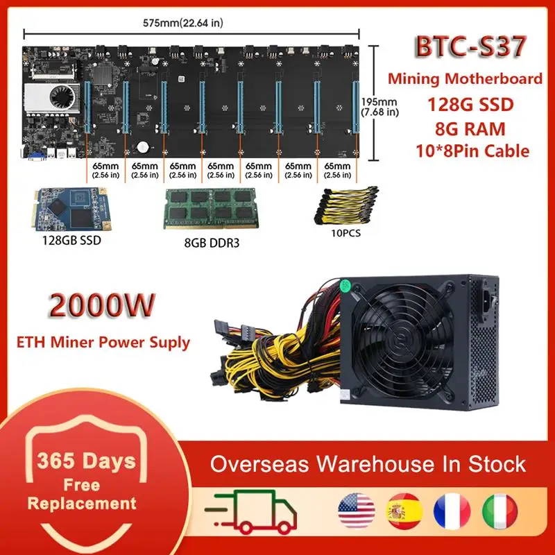 

BTC S37 D37 T37 ETH Mining Motherboard Set Combo Support 8 GPU Graphics Card DDR3 128GB MSATA SSD 8Pin Power Cable 1800W PSU