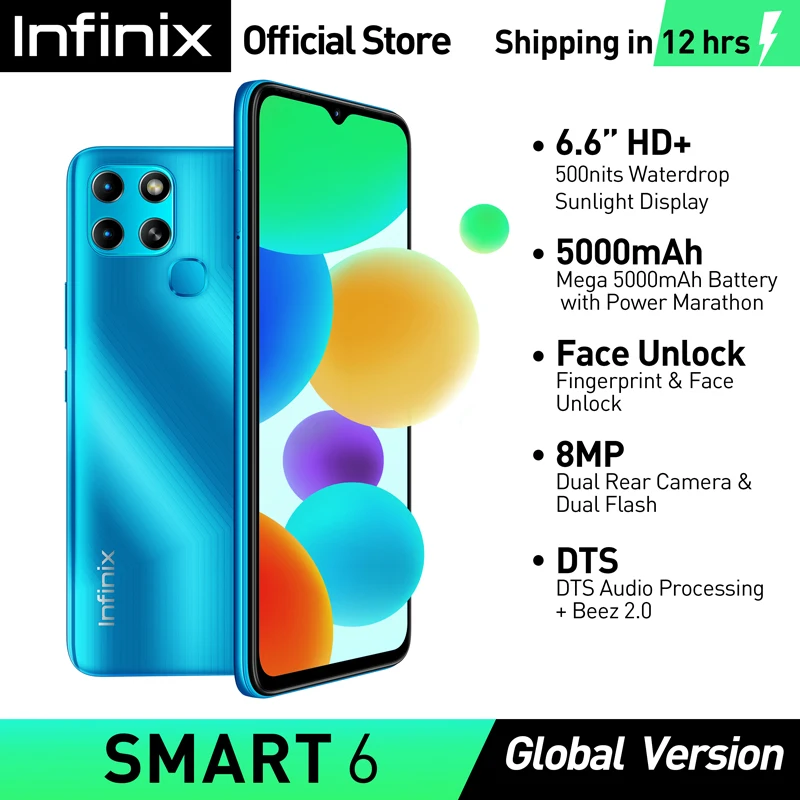 infinix Smart 6 2GB/32GB Smartphone 6.6'' HD Display Helio A22 Processor 5000mAh 8MP Camera DTS Audio Mobile Phone