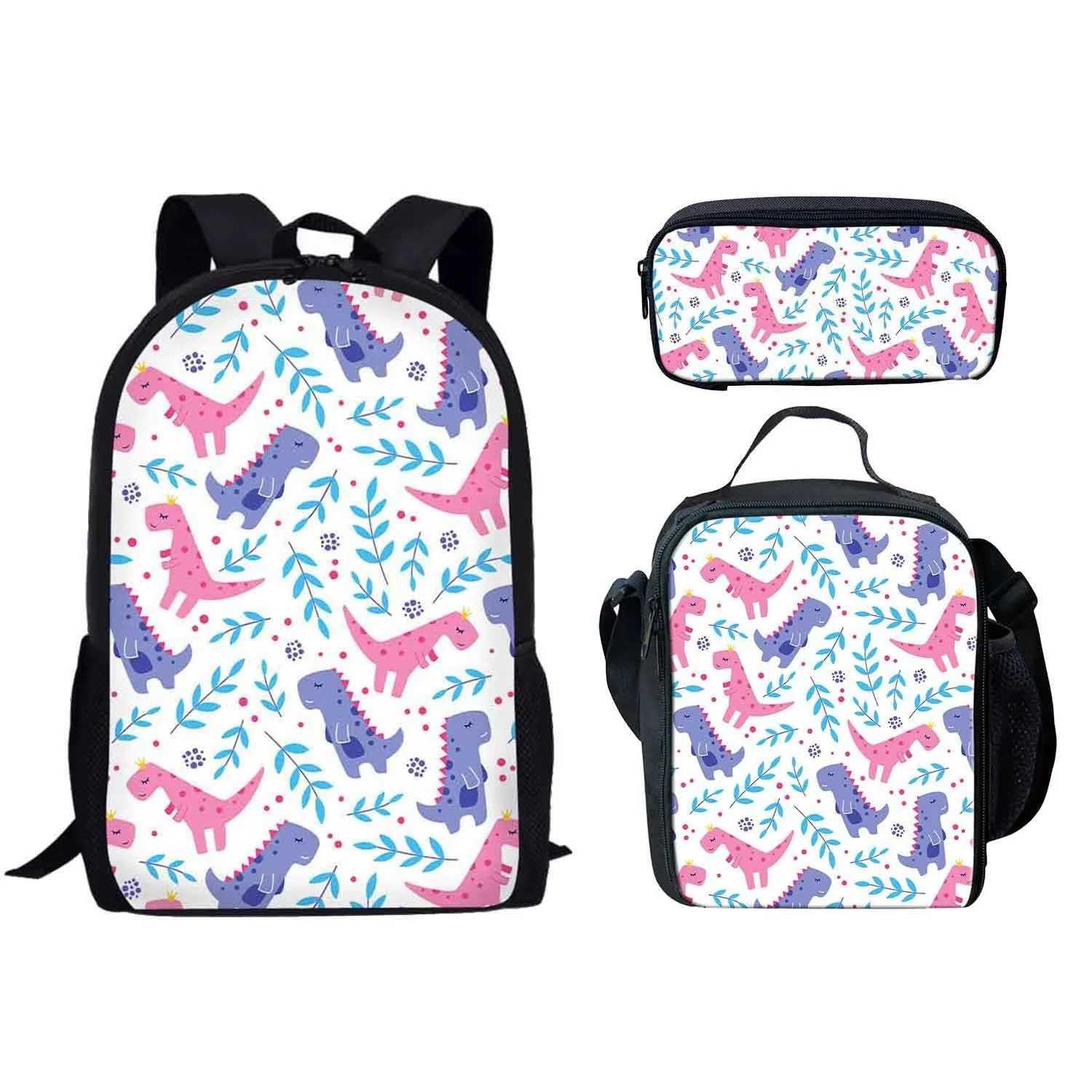 

3 Pack Cute Cartoon Dinosaur Print Student Book Bag Crossbody Lunch Bag Pencil Bag Boys Girls Teenager Daily Casual Backpack