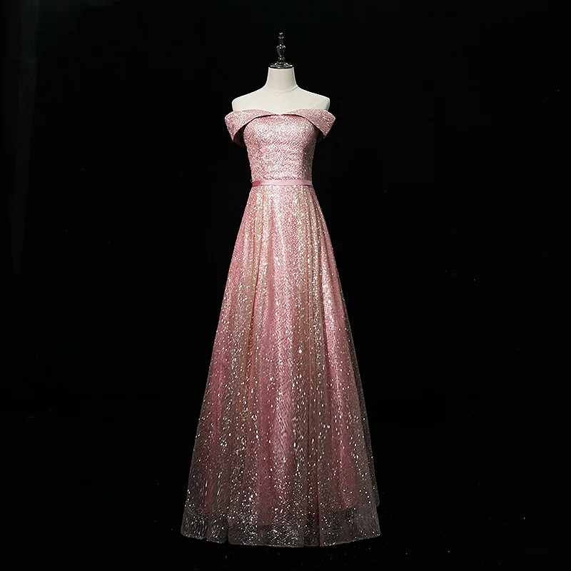

Performance chorus evening dress women's new banquet fashion elegant one-word collar long party evening dress