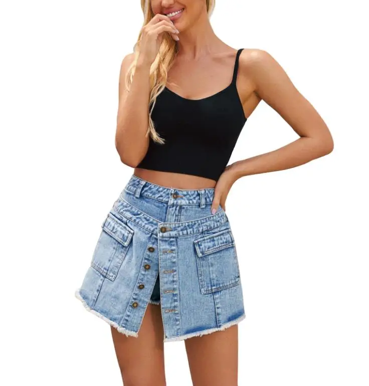 Summer Women 2023 Sexy High Waisted blue Button Shorts Summer streetwear Solid Color Flap Pocket Belt Loop Culottes Adult shorts