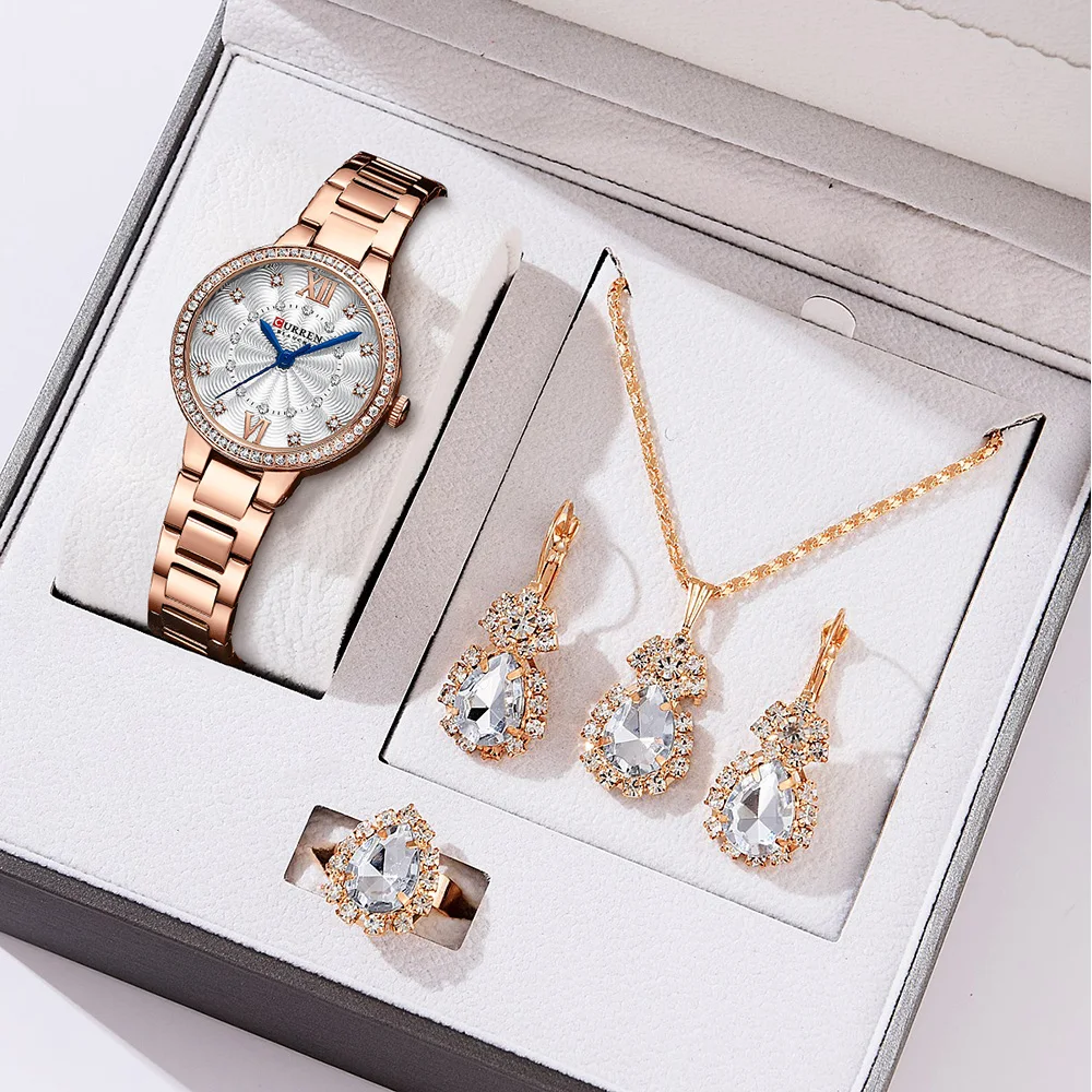 CURREN Luxury Watches For Women Stainless Steel Band Clock Female Rhinestone Dial Slim Wristwatches Ladies With 5 Piece Gift Set