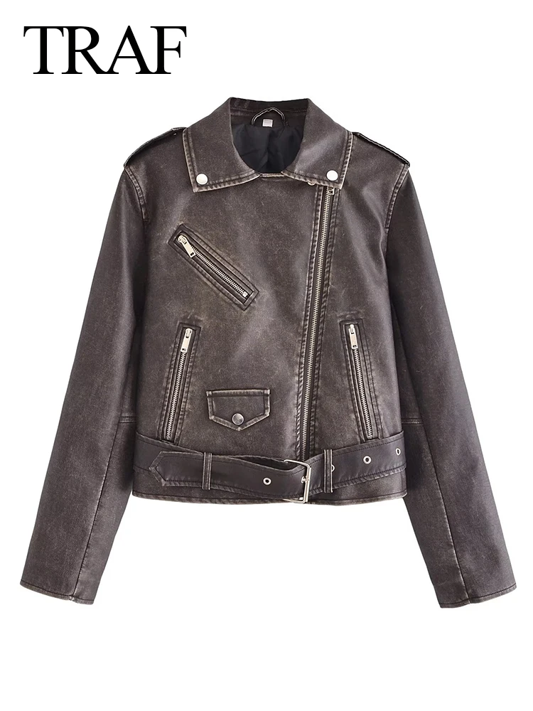 

TRAF Fashion Women's Elegant Stitching Zipper Pocket Lapel Decorate Jacket Woman Vintage Coffee Color Long Sleeve Jacket Tops