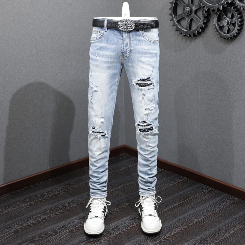Street Fashion Men Jeans Retro Light Blue Elastic Skinny Ripped Jeans Men Stretch Trousers Patched Designer Hip Hop Brand Pants
