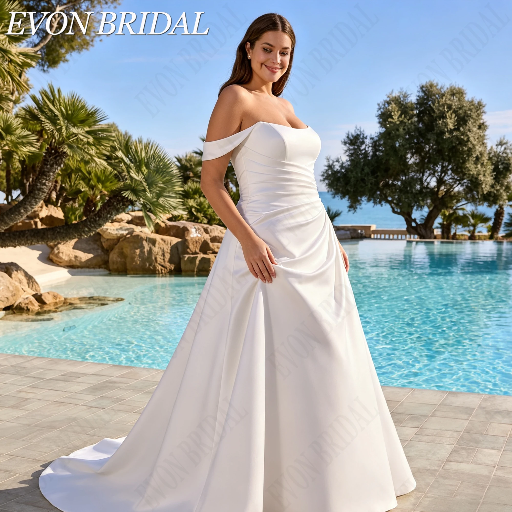 Фото EVON BRIDAL Платье невесты атласное без бретелек большие размеры съемные рукава силуэт А классическое свадебное платье на заказ для женщин роскошное атласное свадебное платье фигура А под индивидуальный пошив простое №4