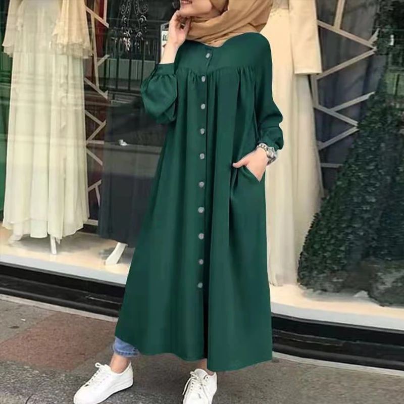 

Ladies Dress Casual Shirt Dress Clothes Solid Color Long Sleeve Polo Neck Loose Robe Patchwork Daily Maxi 2022Autumn Women Retro