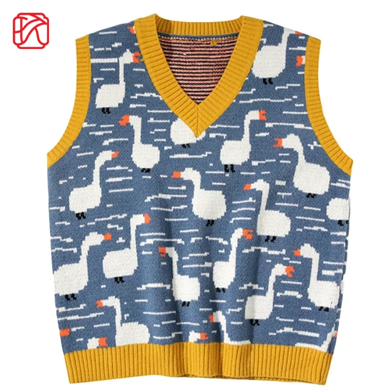 

Трикотажный жилет с мультяшным принтом утки, свитера для мужчин и женщин, повседневный жаккардовый свитер без рукавов, японский женский вин...