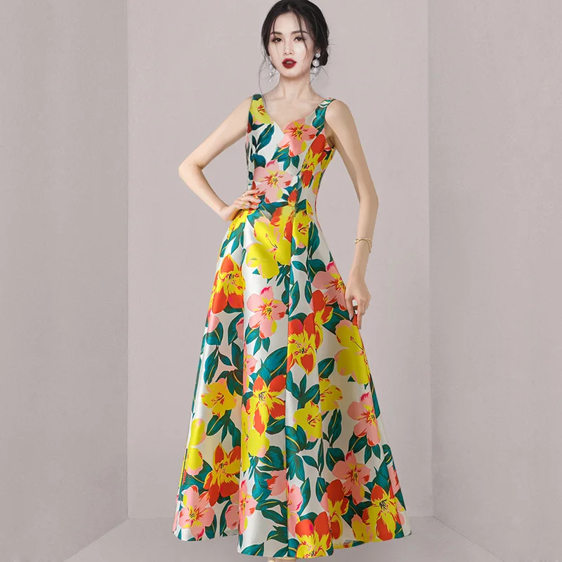 

New Summer Korean Retro Sleeveless Flowers Print Dresses Vestidos Fashion Slim Big Swing O-Neck Long Party Casual Dress 2022