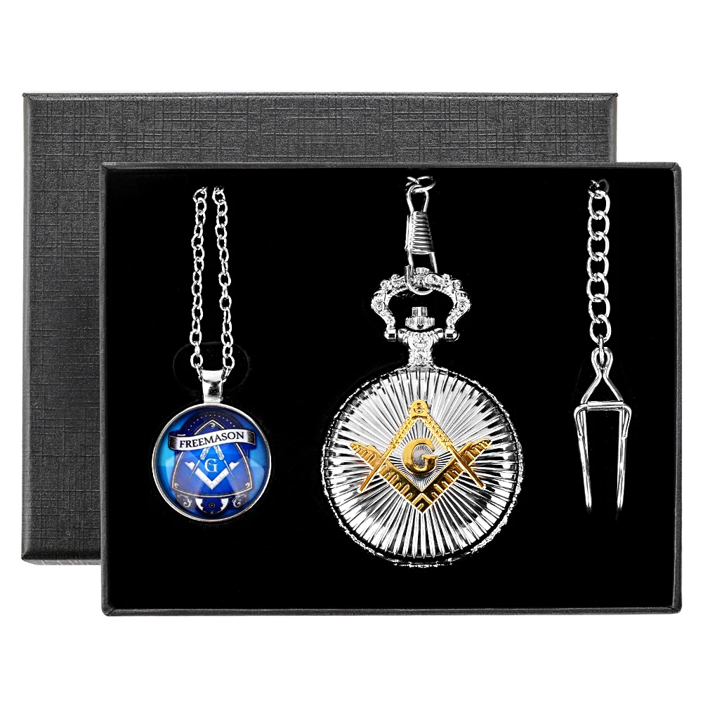 Steampunk Vintage Masonic Themed Quartz Pocket Watch Pendant Sets Box Gift Arabic Numerals White Dial Fob Chain Pocket Timepiece