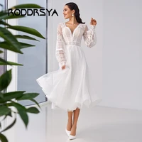 roddrsya tea length v neck wedding dresses 2022 lantern sleeve lace illusion button back boho for women custom made de mariee