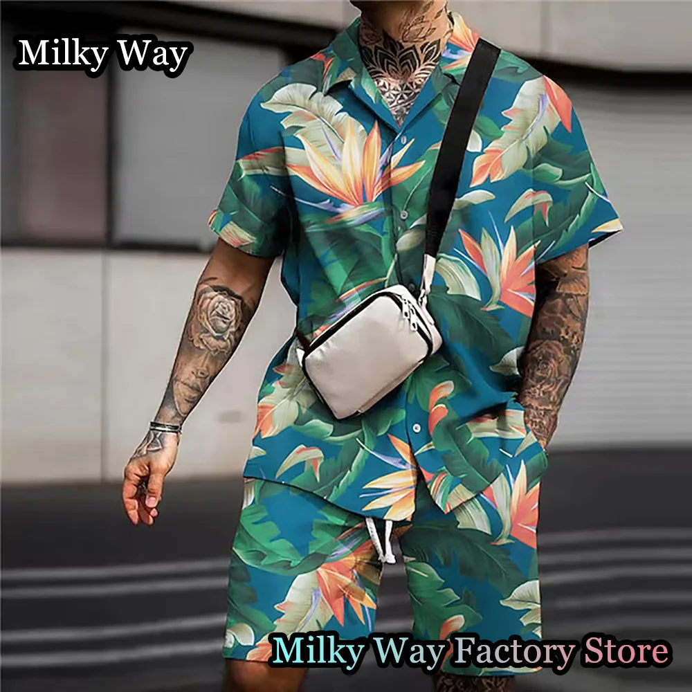 Summer Men Hawaiian Shirt Shorts Set 2 Pieces Vintage Tracksuit Fashion Beach Style Outfit Male Casual Vacation Clothing