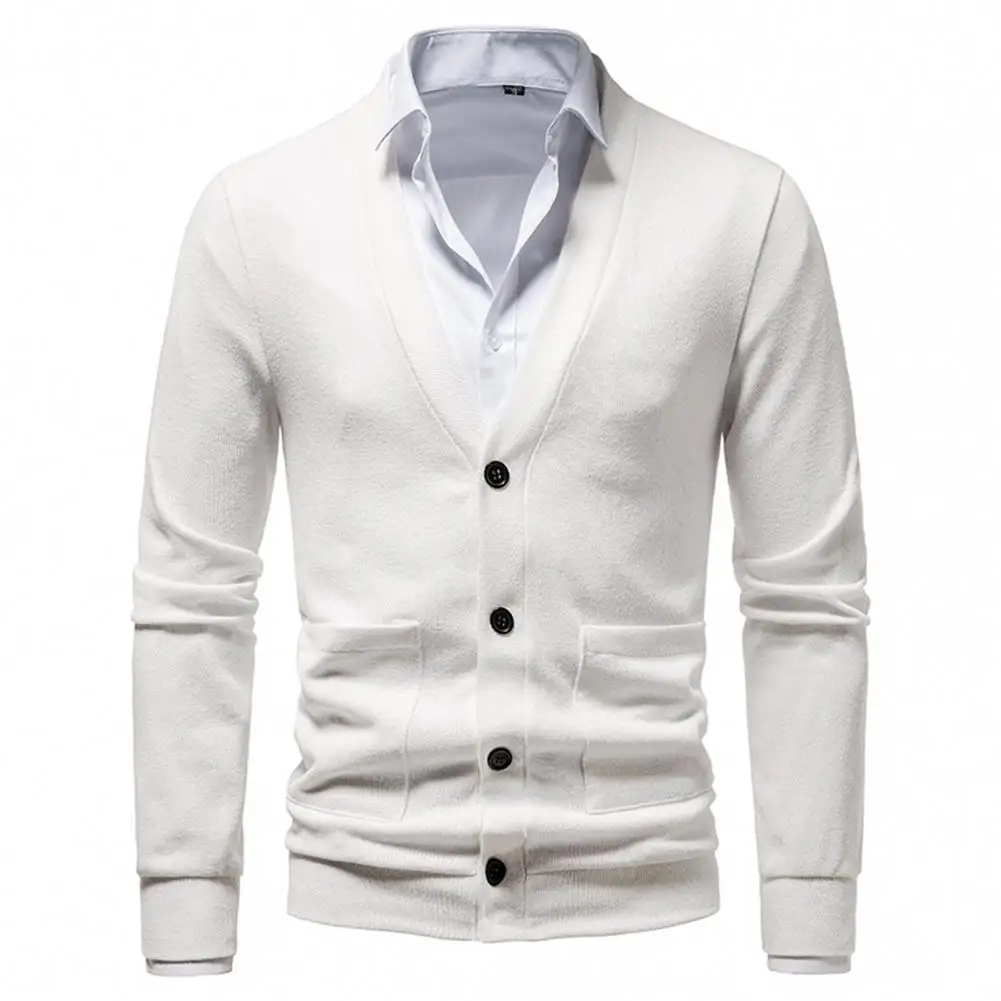 Мужской однобортный трикотажный свитер на пуговицах однотонный дышащий мягкий