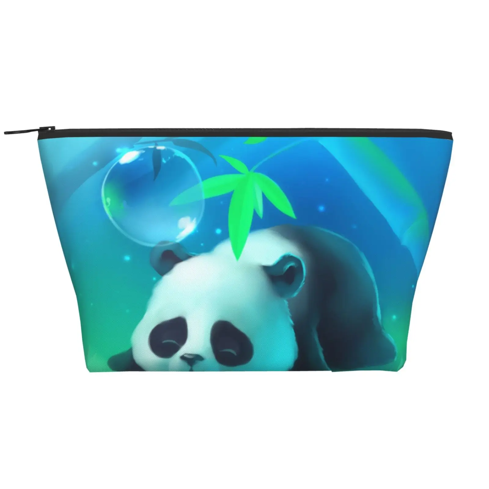 

Panda Bamboo Bubble Blue Makeup Organizer Daily Storage Bag Polyester Trapezoid Holiday Tote Bag with Zipper