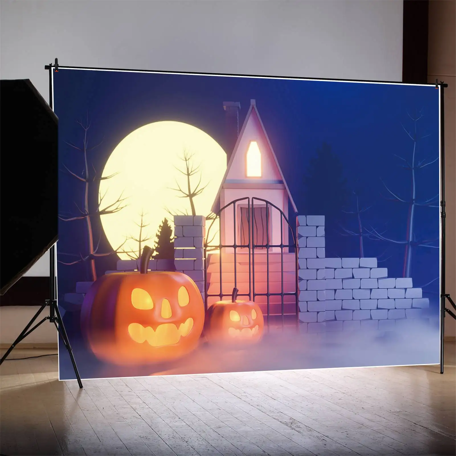 

MOON.QG Backdrop Blue Halloween Baby Party Photo Booth Props Background Children Cabin Porch Pumpkin Lamp Moon Light Decorations