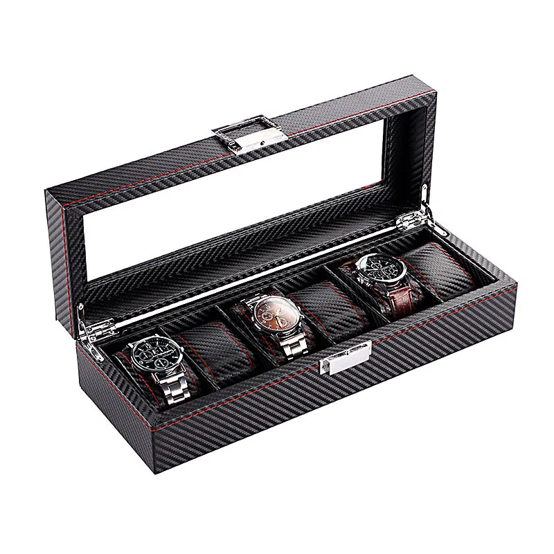 

Luxury High Quality 3/5/6/10/12 Mesh Carbon Fiber Black Interior Leather Pillow Organizer Box Watch Display Men Women Universal