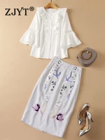 zjyt runway summer two piece dress set women flare sleeve embroidery white blouse and skirt suit elegant party office outfits