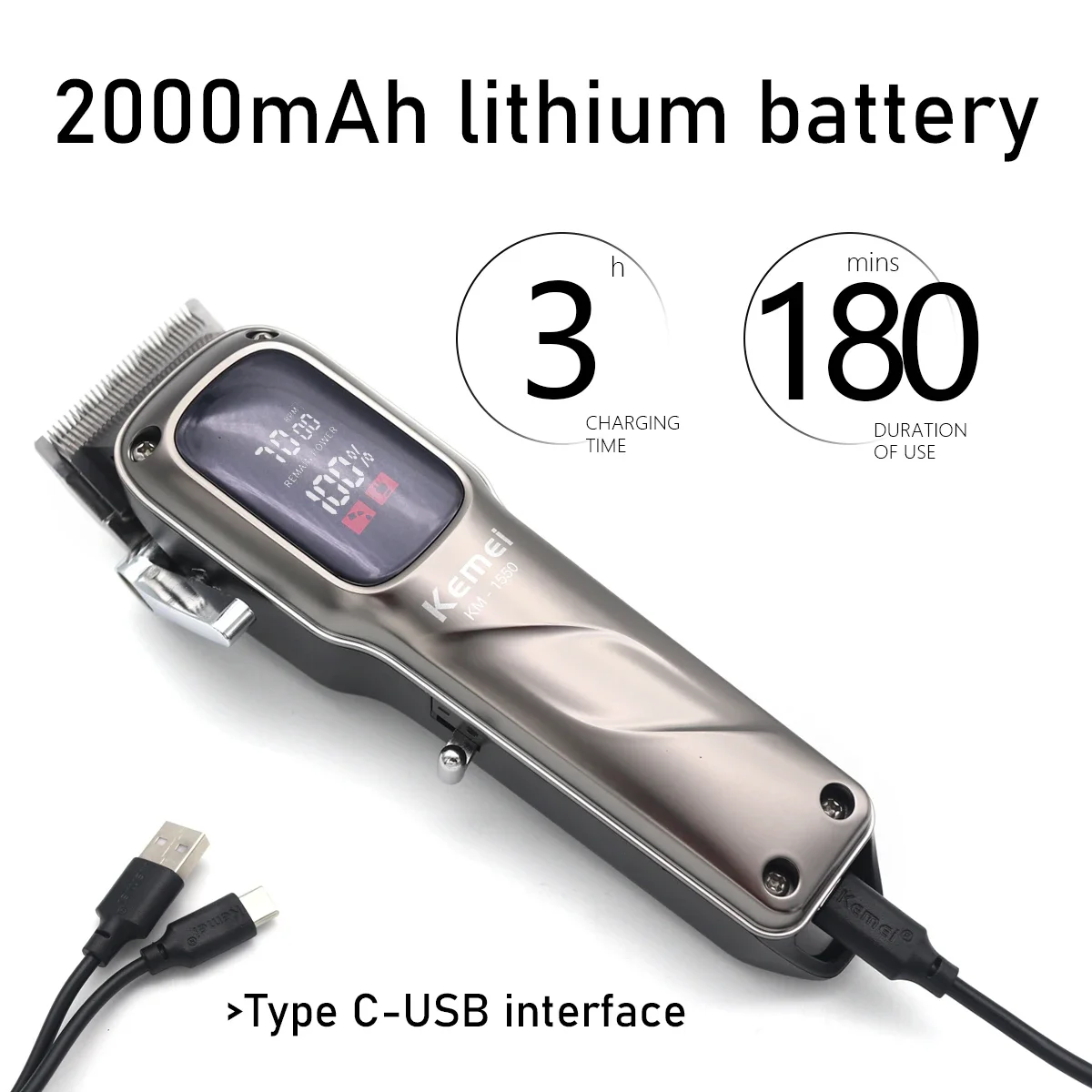 Фото Kemei KM-1550 Профессиональная машинка для стрижки волос для мужчин, светодиодный дисплей, малошумный беспроводной USB-интерфейс, машинка для стрижки волос, триммер для волос №3