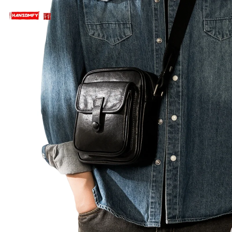 New Leather Men's Bags Casual All-Match Shoulder Bag Men's Fashionable Ins Messenger Bag Vertical Cowhide Small Backpack Women's