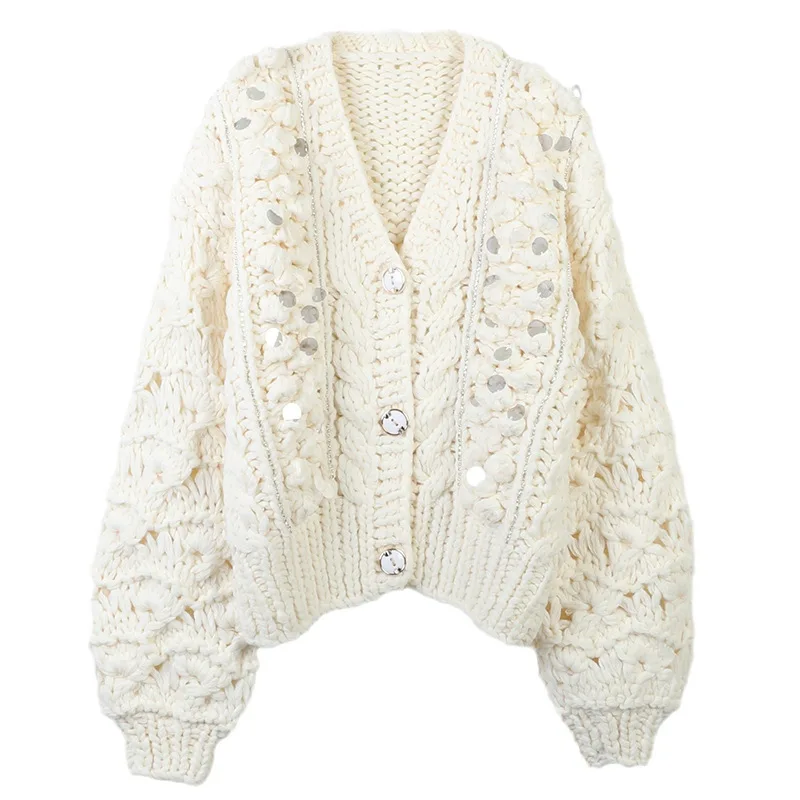 

High Quality V-Neck Long Sleeve Sequin Loose Knit Cardigans Women White Sweater 2023 Autumn Winter New Single Breasted Clothing