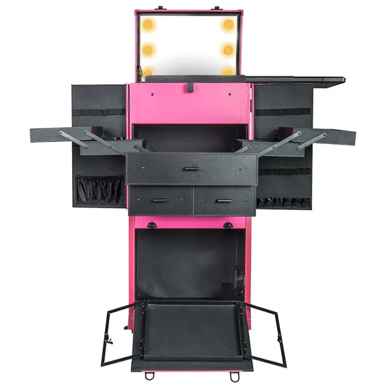 REBEL Pro Series â Makeup Artists Multifunction lighted Cosmetics Rolling Case with Fan - Proudly PINK