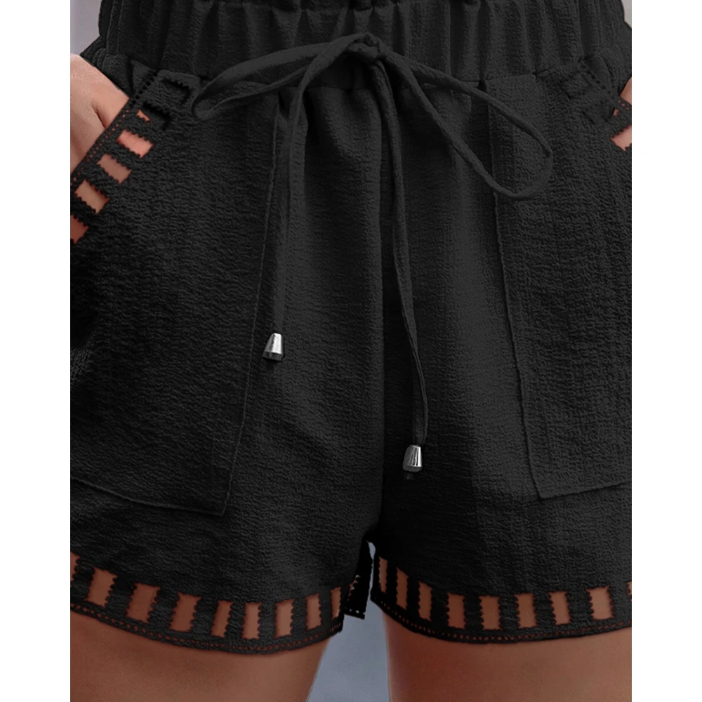 Korean Style Women Ruched High Waist Belted Shorts Female Casual Elegant 2023 Summer Fashion Hollow Out Pocket Design Hot Pants