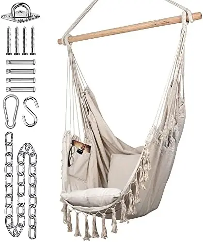 

Chair | Hanging Rope Swing for Indoor & Outdoor | Soft & Durable Cotton Canvas | 2 Cushions Included | Large Macrame Han
