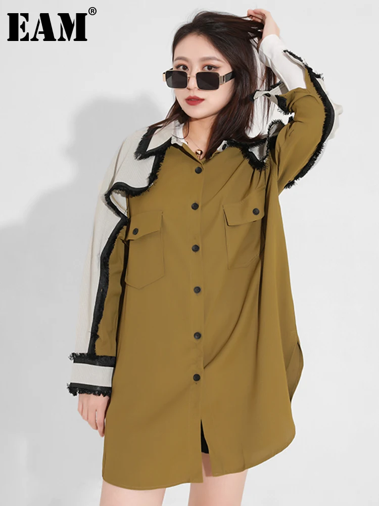 

[EAM] Женская Длинная блузка контрастных цветов большого размера с кисточками, новая свободная рубашка с длинными рукавами и отворотом, модная демисезонная 2023, 1DA30009M