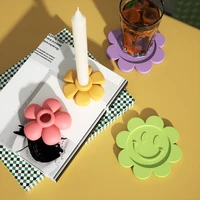 floral smiley face candle holder concrete mold silicone cement candlestick coaster mould home collection tray decoration tool