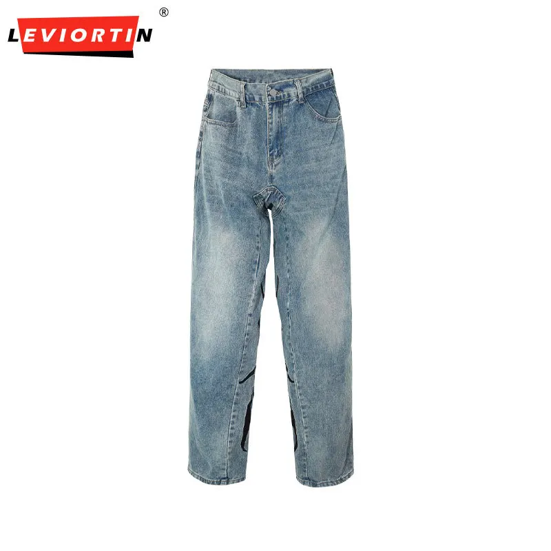 

2023 мужские уличные Ретро Винтажные джинсовые брюки с вышитыми буквами синие джинсовые брюки хип Харадзюку хлопковые брюки для бега