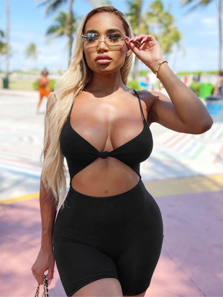 

Summer Streetwear Black Romper Sling Bodysuit Women Female Jumpsuit Sleeveless Hollow Out Playsuit Overalls Shorts Woman Clothes