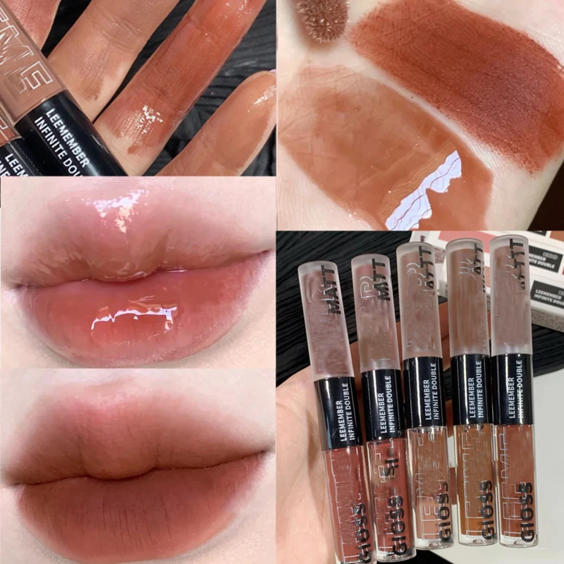

Double Head Mirror Glass Lip Gloss Matte Nude Punk Dark Brown Lip Glaze Lava Chocolate Liquid Lipstick Non-stick Lip Tint Makeup