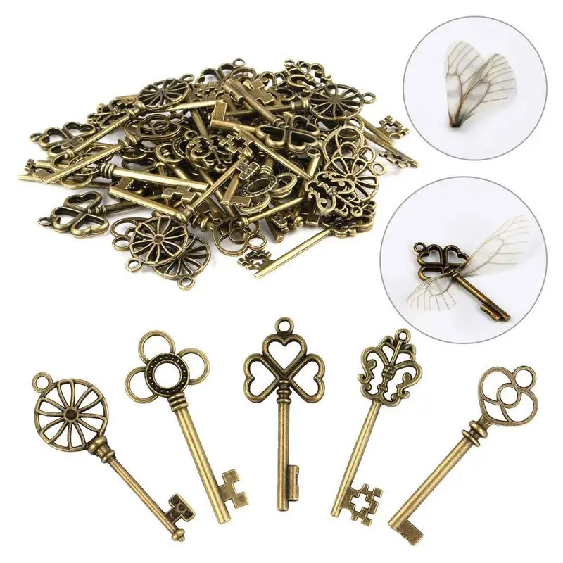 

50 шт. винтажные антикварные ключи-скелеты, Летающие ключи, шармss с крыльями стрекозы и линией для украшения дома, сделай сам, изготовление юв...