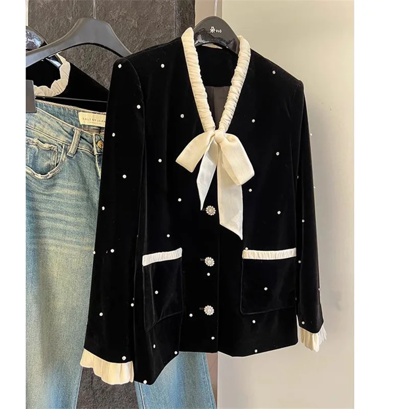 Зимнее бархатное пальто для тяжелой промышленности с бриллиантами и бусинами