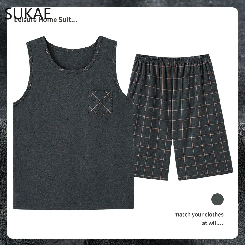 SUKAE Mens Sleepwear L-4XL Big Size Sleeveless Homsuit Pajamas Set Summer Shorts Vest Man's Loung Sets Elegant Nightwear for Boy