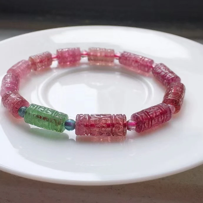 

Natural Red Tourmaline Clear Barrel Beads Carved Bracelet Brazil 6.3x3.6mm Green Tourmaline Women Men AAAAAAA