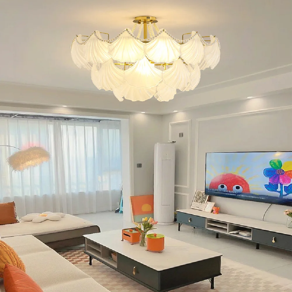 

Shell Crystal Pearl Chain Light Fixture Lustre Chandelier Luxury Hanging Lamp Home Appliance For Home Decoration