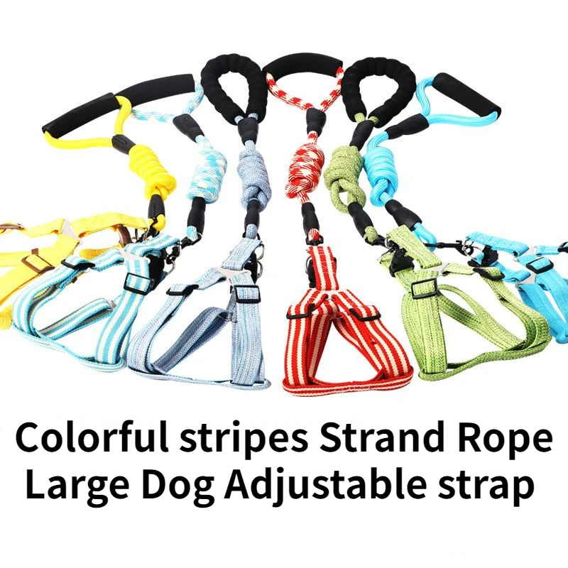 

Colorful Stripes Strand Rope Large Dog Adjustable Strap Chain Buckle Contrast Color Pet Traction Rope Collar Set for Big Dogs