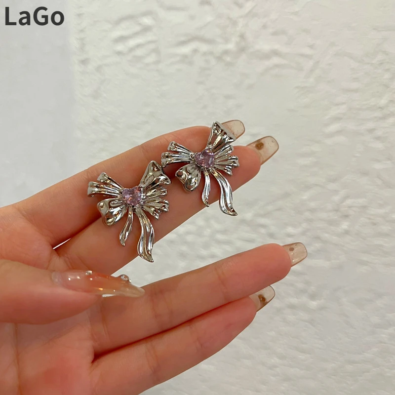 

925 Silver Needle Sweet Jewelry Bow Earrings 2022 New Trend High Quality Shiny Purple Crystal Stud Earrings For Women Gifts