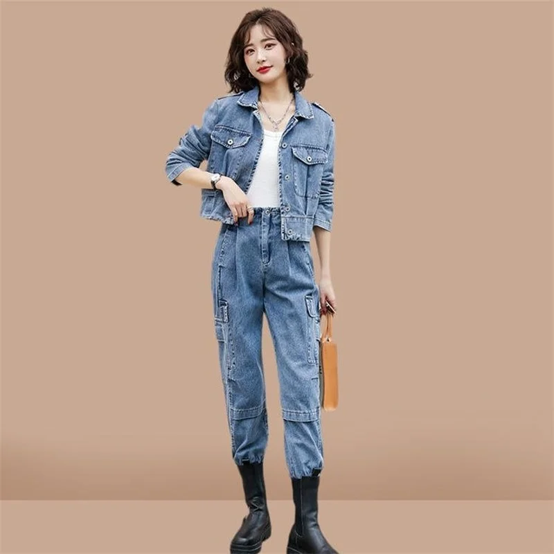 

Denim Suit Spring Autumn Clothing Women Cowboy 2 Piece Set Denim Jacket and Jeans Pant Suits Loose Casual Women Outfits E273