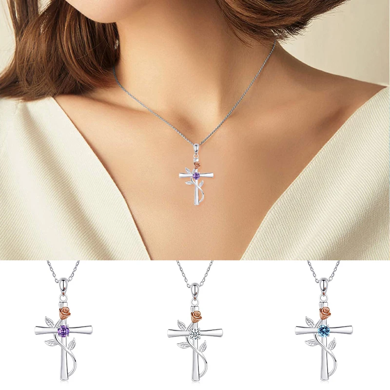 

Female Gothic Cross Pendant Necklace Creative Exquisite Purple Zircon Heart Necklace For Girls Party Wedding Fashion Jewelry