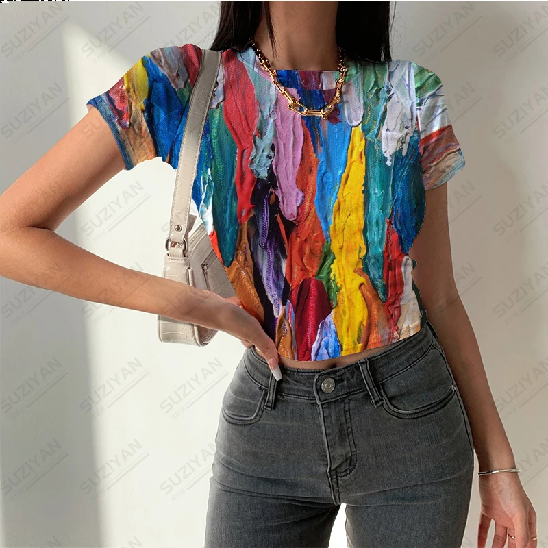 

2023 New Hot Selling Women's Round Neck Short Sleeve T-shirt Tight 3D Fragmented Print Summer Street Women's Breathable Top Sexy