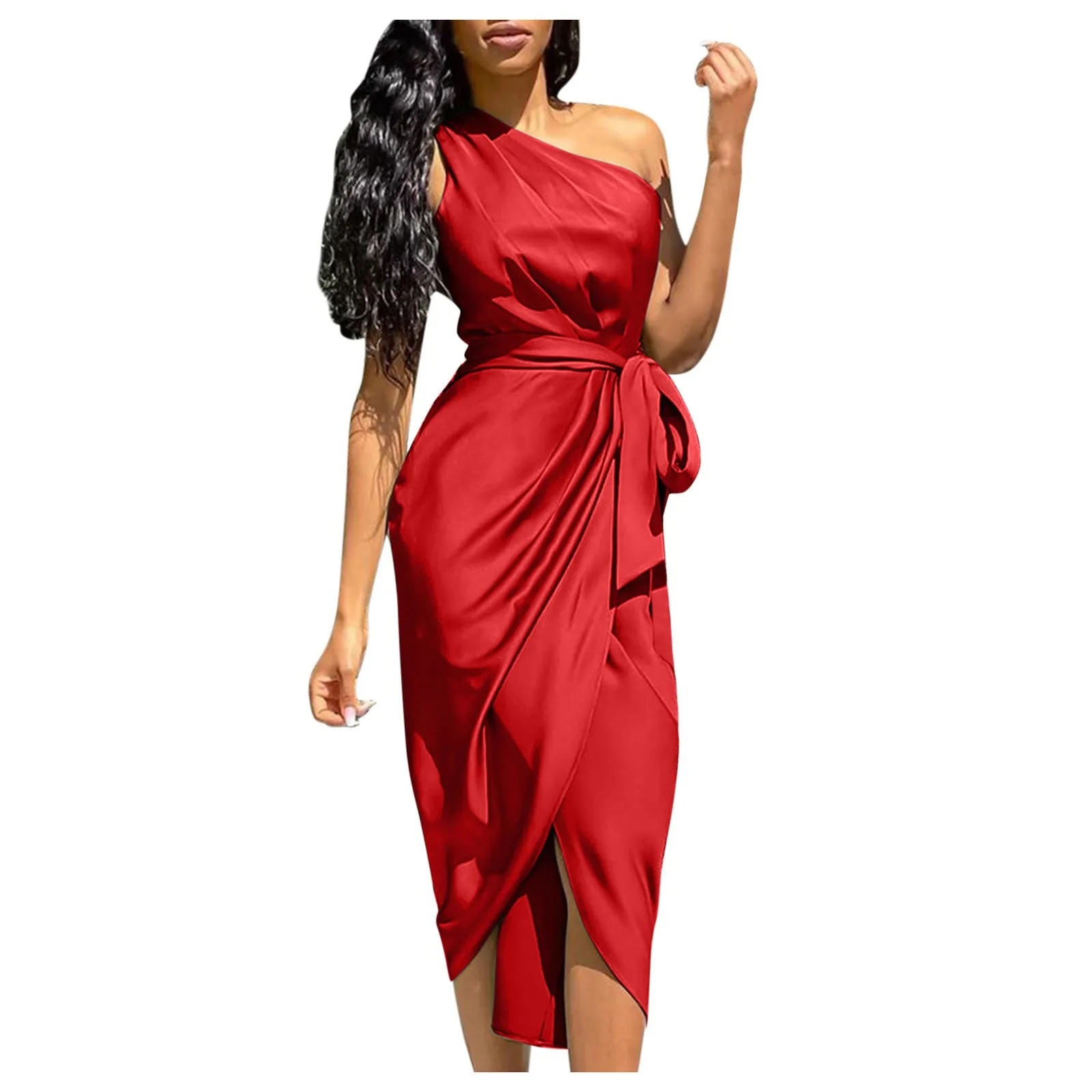 

Women One Shoulder Ruched Slit Dress Sleeveless Belt Formal Dress New Sexy Solid Hem A-line Maxi Strappy Shoulder Dress