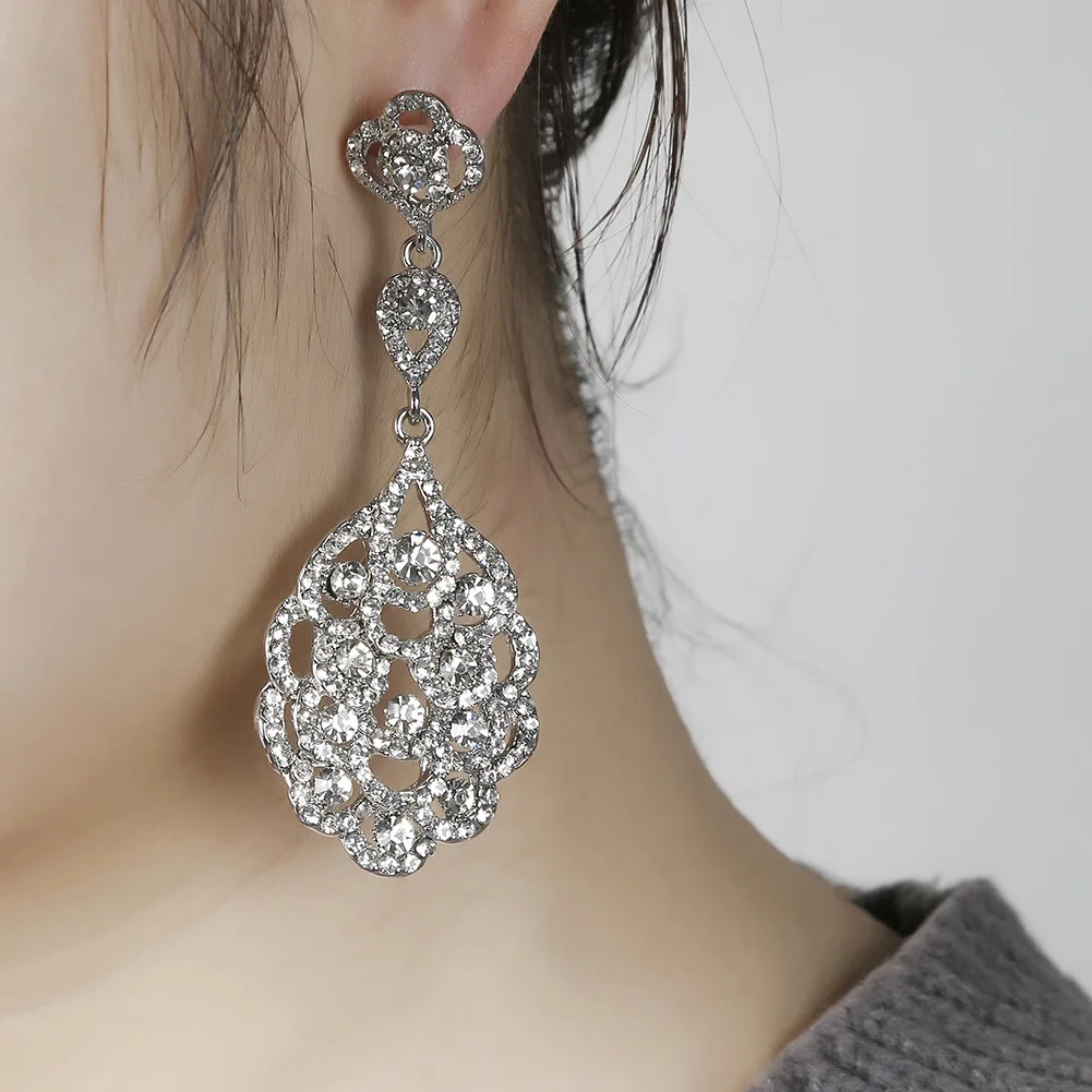 

New Classic Shiny Crystal Dangle Earrings Trendy Elegant Water Drop Rhinestone Women Bride Party Jewelry Gifts