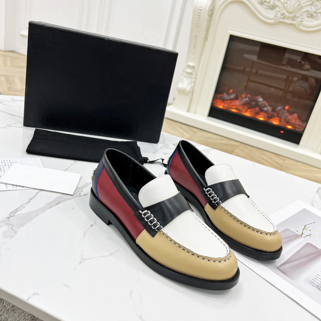 Paris Loafers Shiny Calfskin Burgundy Shoes Plain Block Heels Party Style Round Toe Casual Style