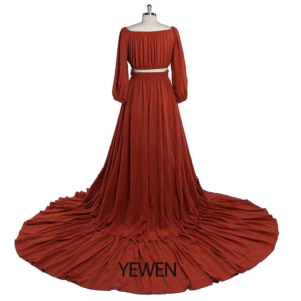 Off Shoulder Two Pieces Gown Beach Maternity Dresses Long Sleeves Photography Dress Baby Shower Dress YEWEN 2021YD211203 enlarge