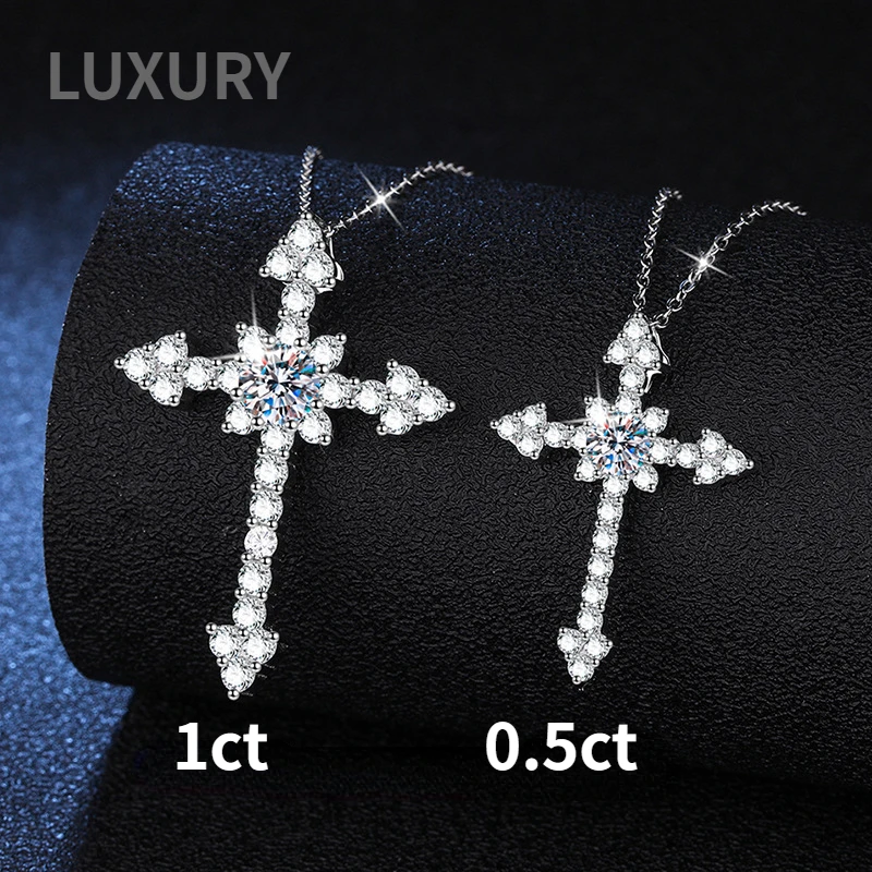 

Luxury S925 Sterling Silver Moissanite Cross Diamond Pendant Necklace For Women Sparkling Fine Jewelry Gift