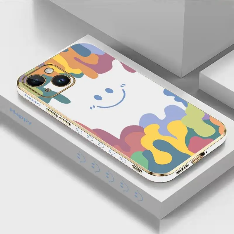 

Watercolor Smiley Face Luxury Plating Phone Case For iPhone 14 13 12 11 Plus Pro Max Mini X XR XS SE2020 8 7 6 6S Plus Cover