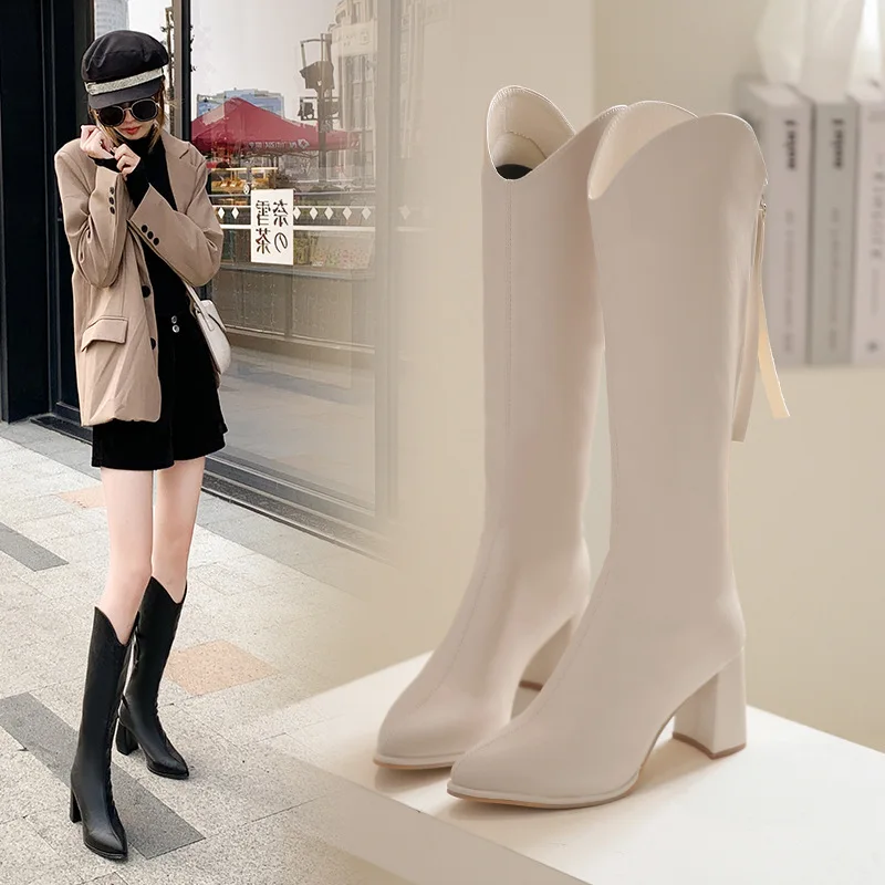 Осенние женские длинные сапоги модные до колена с острым носком и V-образным