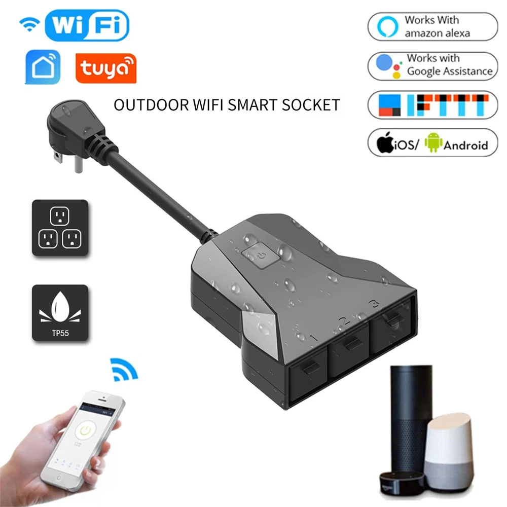 Купи Outdoor Smart Socket IP55 Waterproof 3 IN 1 US Socket WiFi Mobile Phone Timing Voice Remote Control Smart Home Support Alexa за 1,579 рублей в магазине AliExpress